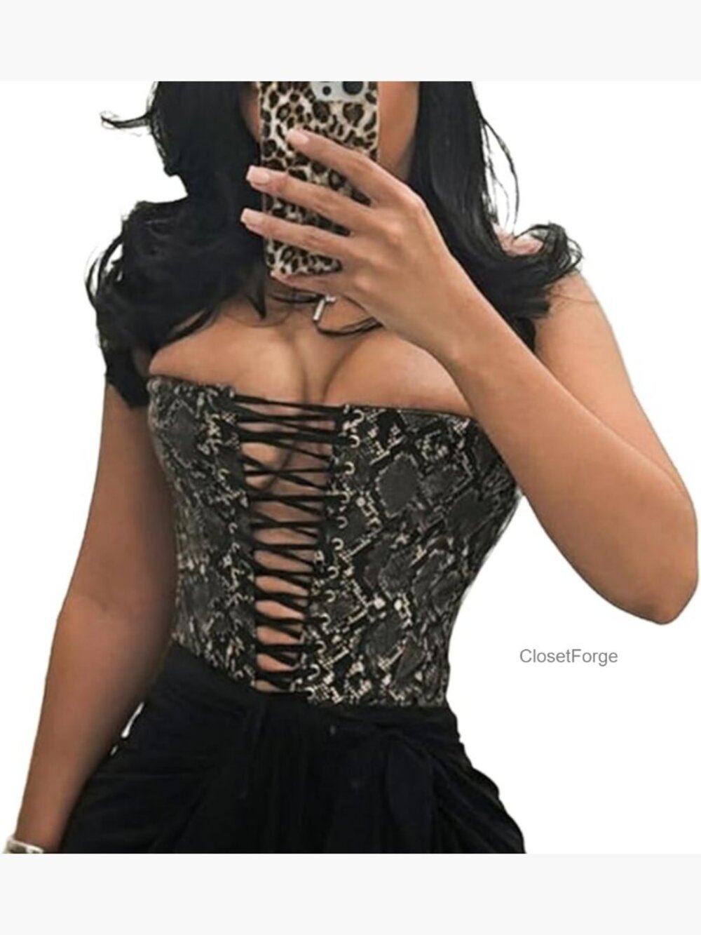 Faux Leather Animal Print Bustier Corset Strapless Bandeau Crop Tube Top